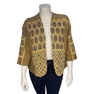 CHICO'S Size 2 US L Linen Blend Open Jacket Aztec Tribal Embroidery Beaded Artsy